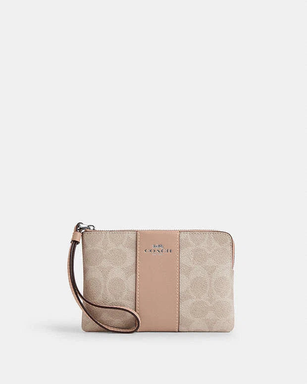 Coach Zip Wristlet In Signature Canvas With Beige Stripe